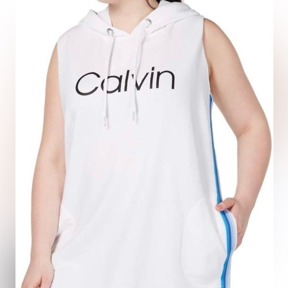 NWT Calvin Klein Performance Hooded Logo Sweatshirt Mini Dress White Pockets 2X - Picture 3 of 14